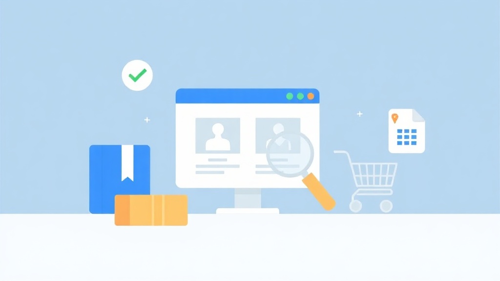 Conversion funnel narrowing downward, shopping carts descending to checkmarks at the base.
