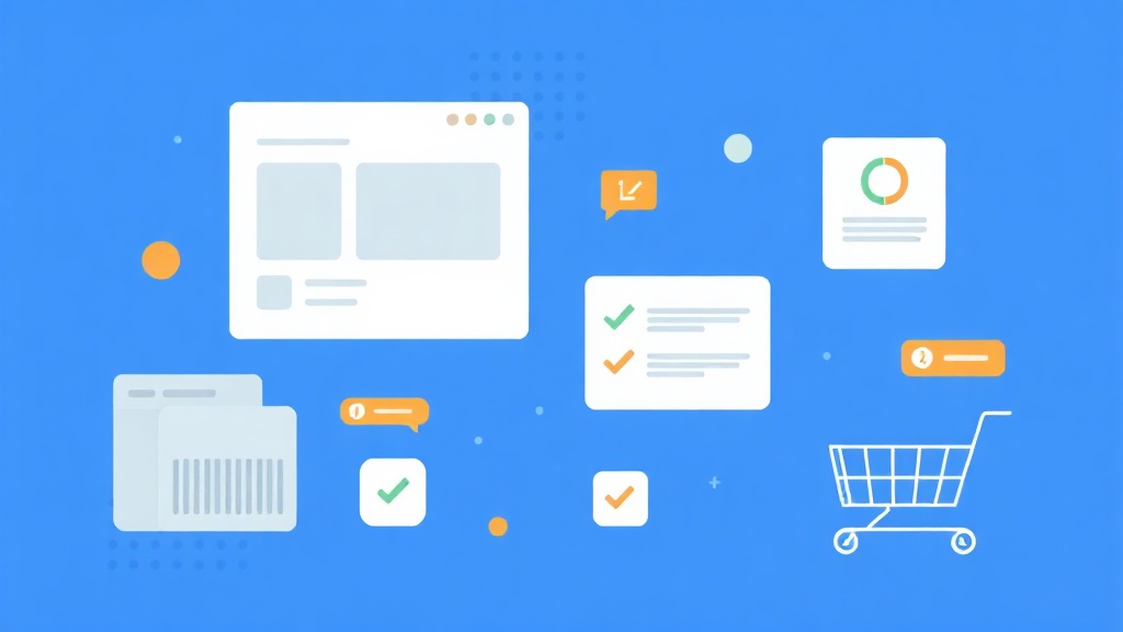 Un dashboard de ecommerce con carrito de productos, indicadores de conversión verdes y gráfico de progresión.