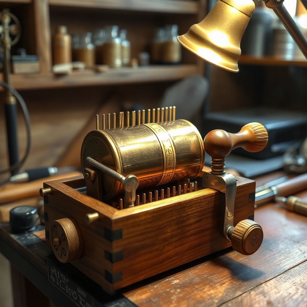 a honey-fruitwood music box open on the workbench under the lamp; the brass barrel just re-pinned this week