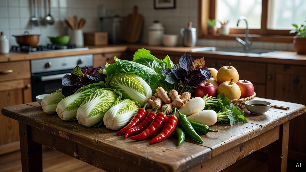colorful vegetables and fruits arranged on a wooden kitchen table