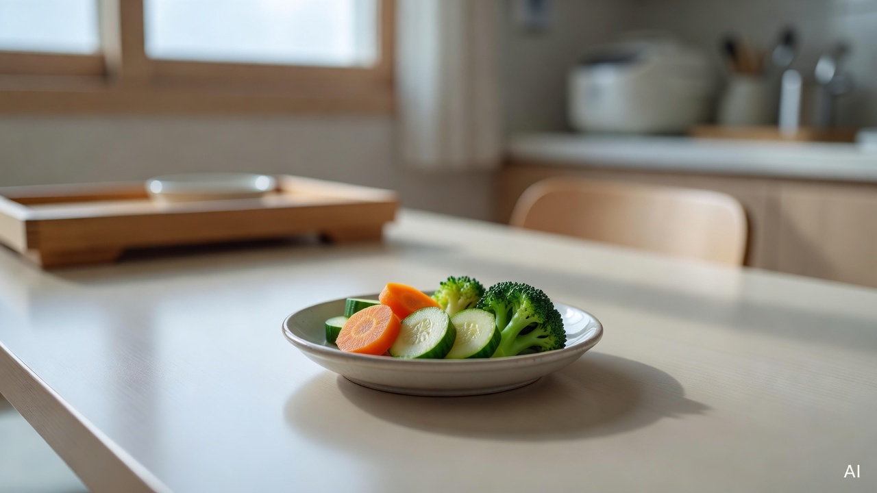 small child-sized plate with soft-cooked vegetables on a bright dining table