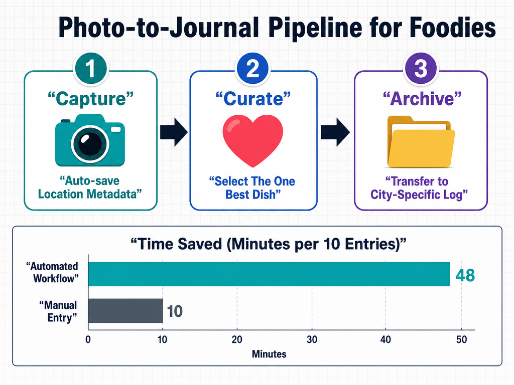 Streamline your memory retrieval by bridging the gap between your 4,000-photo camera roll and your structured city dining logs.