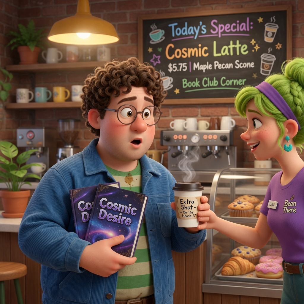 A Pixar-style animated scene featuring a chubby man with curly brown hair and...