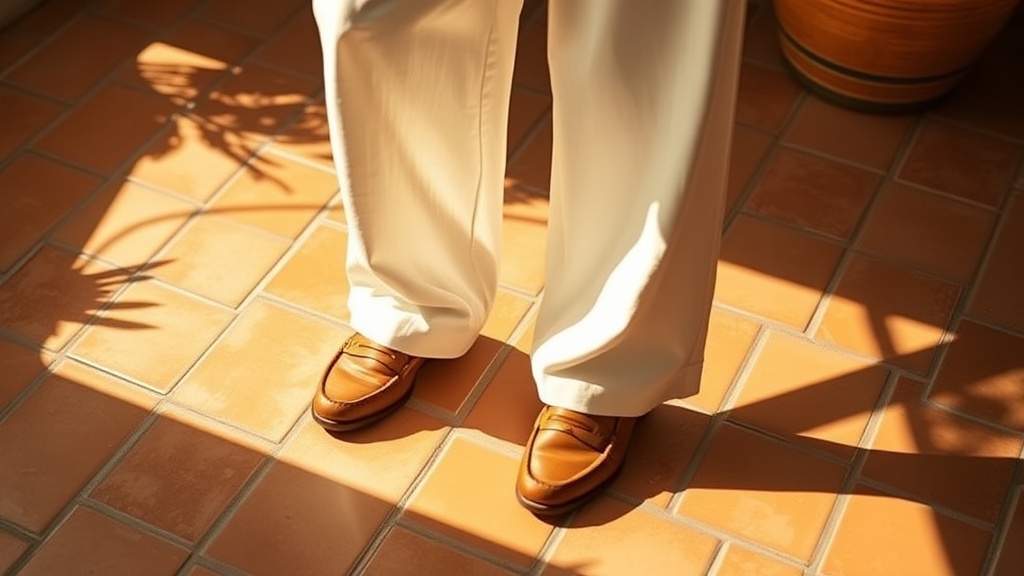 Cream linen wide-leg trousers and tan leather loafers on warm terracotta tiles in summer light