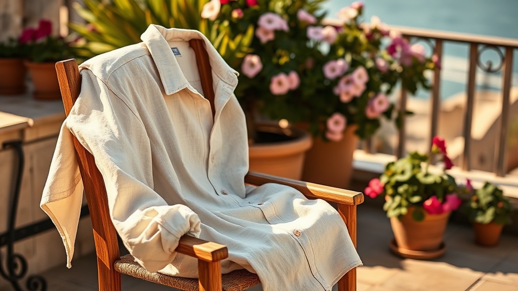 Ivory linen grandad shirt draped on a stone terrace chair in warm Mediterranean afternoon light