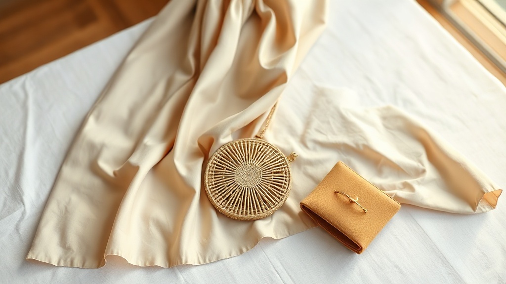 Silk high-waist skirt in pale beige laid beside a rattan clutch and a gold bangle on a linen surface