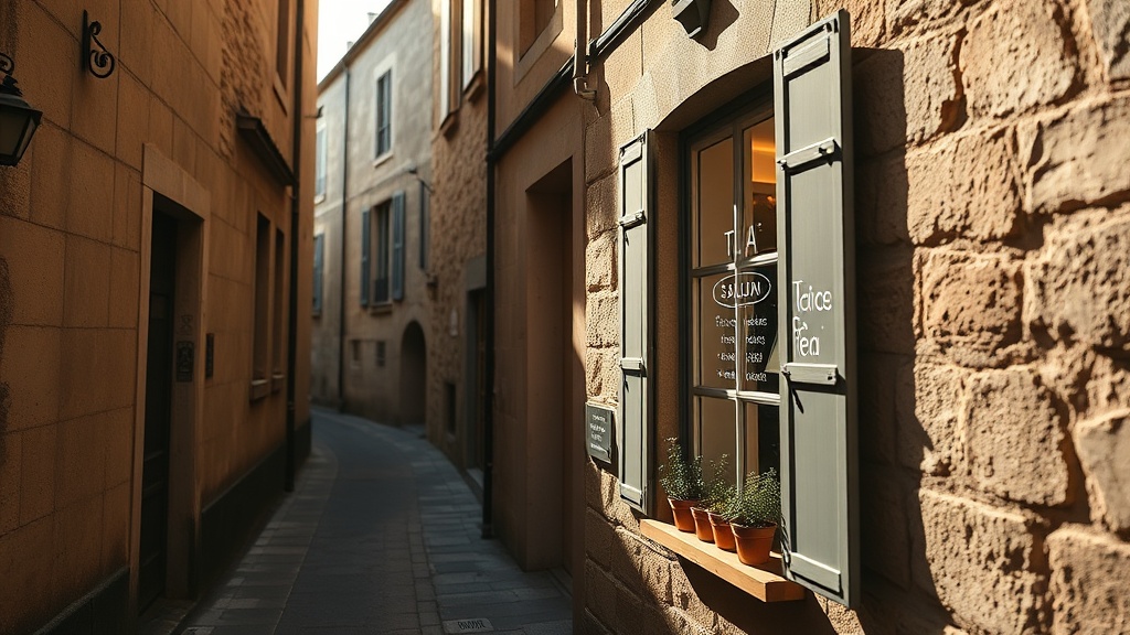 Ruelle du vieux Nîmes avec devanture d'un salon de thé au soleil de l'après-midi