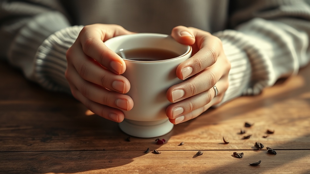 Mains tenant une tasse de thé fumante dans un salon de thé chaleureux