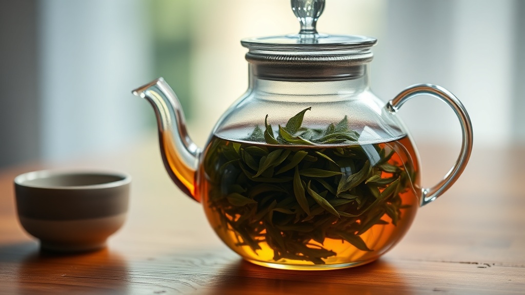 Théière en verre avec feuilles de thé vert en train d'infuser, lumière naturelle douce