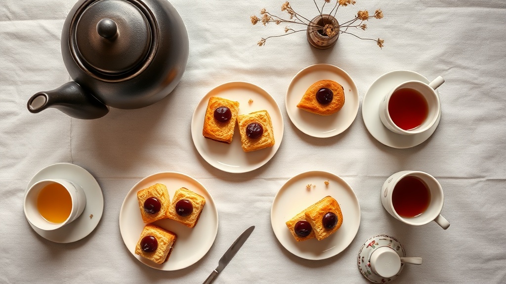 Plateau de goûter à l'anglaise avec théière en fonte, petits gâteaux et sandwichs sur nappe en lin
