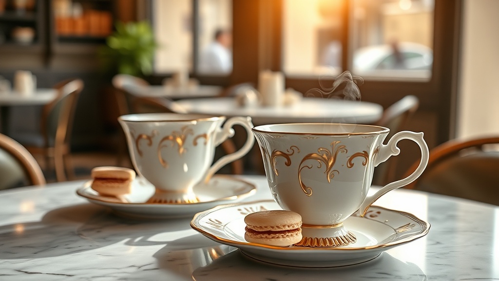 Tasses de thé fumantes et macarons dans un salon de thé cosy à Saint-Étienne