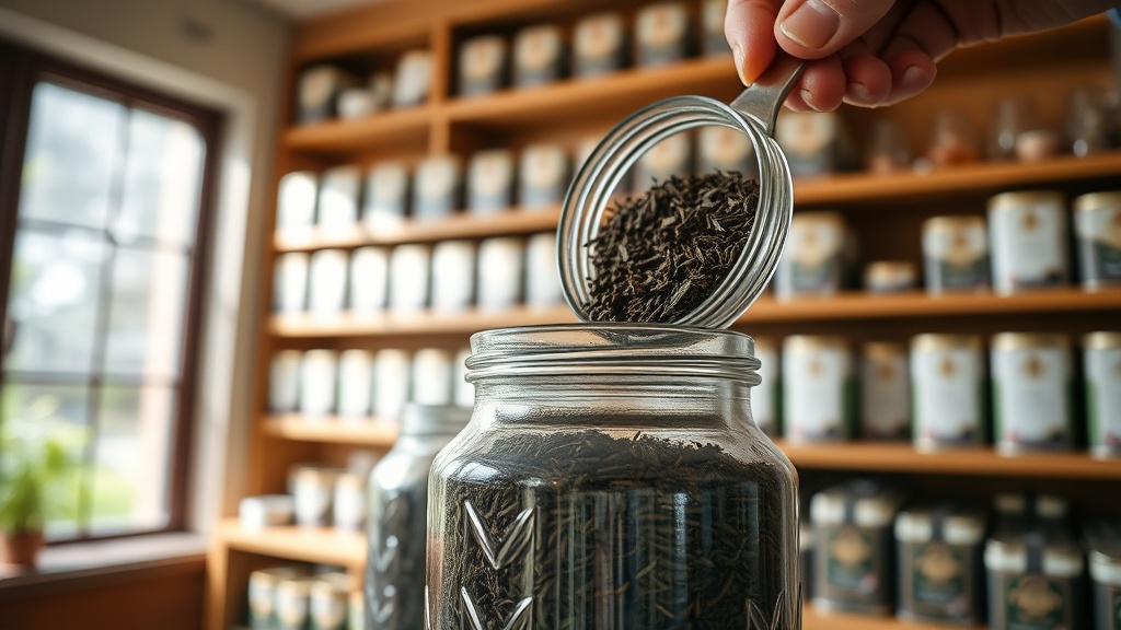Thé en vrac présenté dans des bocaux en verre dans une boutique de thé artisanale