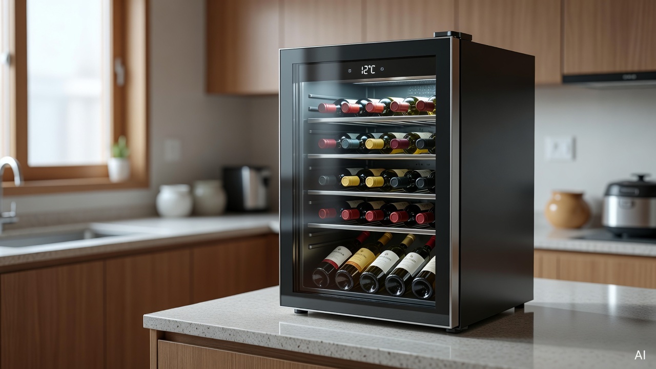 wine refrigerator with bottles neatly arranged inside, temperature display showing 12 degrees, on kitchen counter