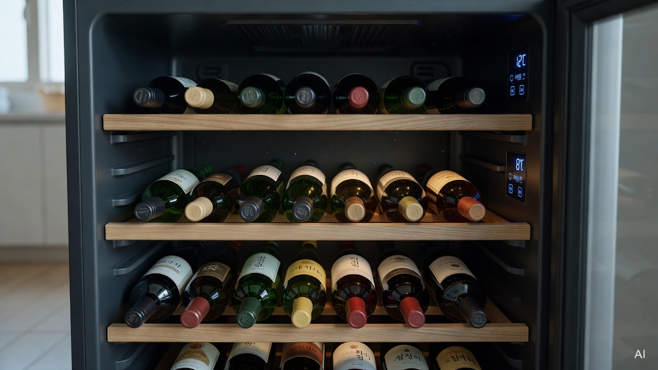 wine bottles lying horizontally on wooden shelves inside a wine cooler, temperature panel visible on the side