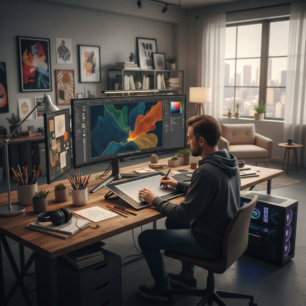 Professional designer preparing artwork for large format printing on computer monitor