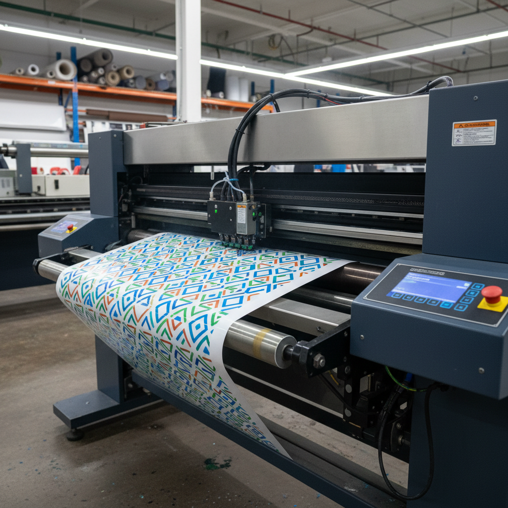 Large format vinyl printer in action at professional printing workshop