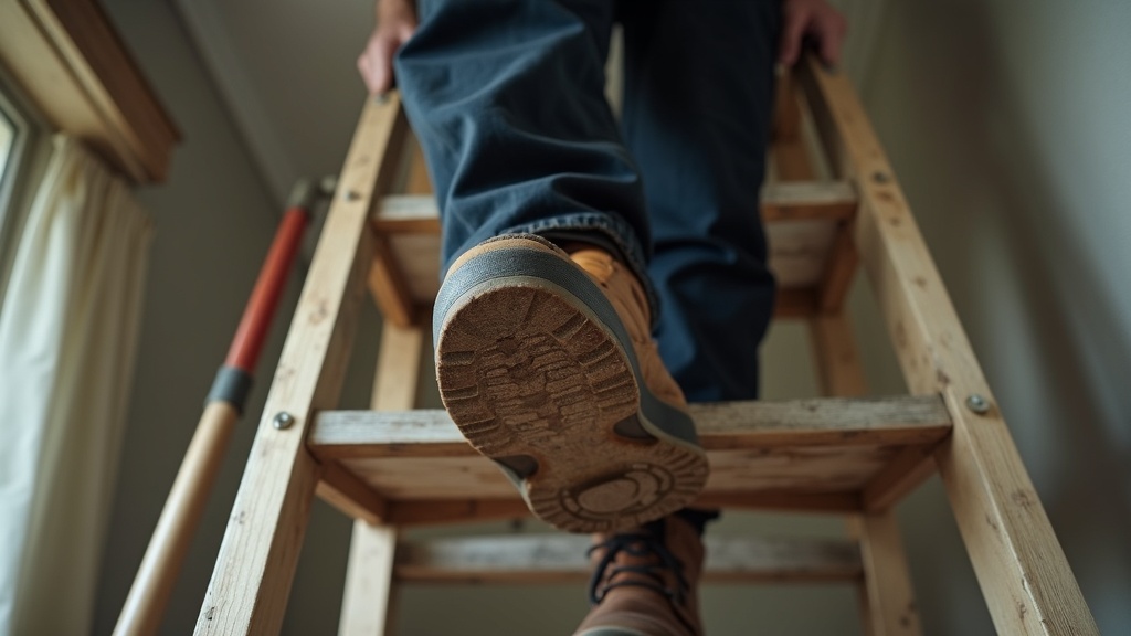 Plumber climbing ladder with ball of foot under pressure, Morton's neuroma aggravation