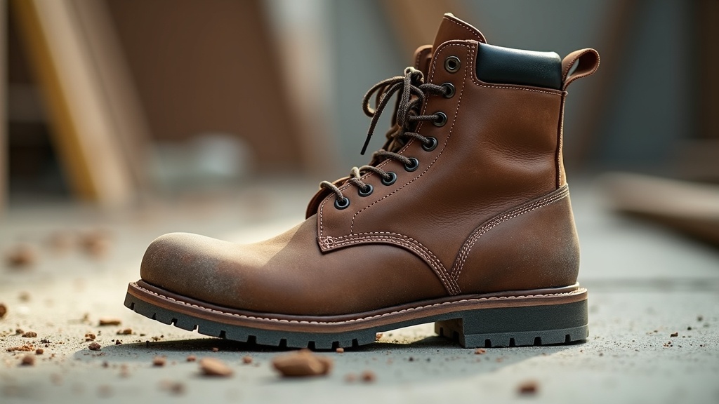 Construction worker's steel-toe boot on a dusty jobsite floor