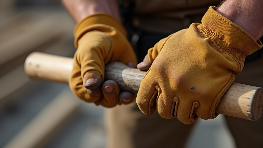 Trades worker's gloved hands with taped blister gripping a framing hammer