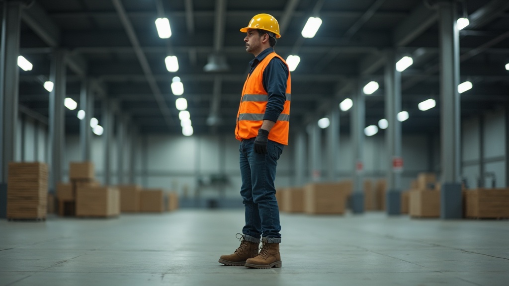 Warehouse worker wearing mid-calf socks with 8-inch work boots on a concrete floor
