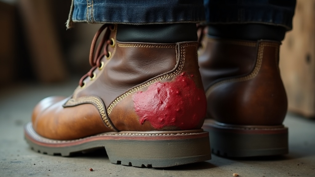 Blister at the back of an ankle caused by insufficient sock coverage above a work boot collar