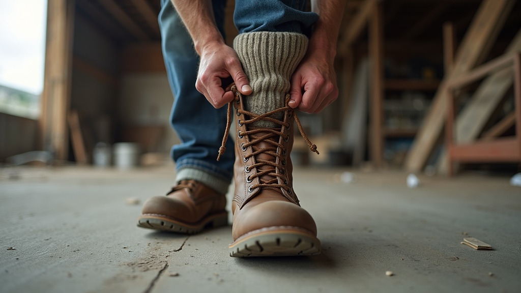 Worker putting on a tall crew sock over a steel-toe work boot on a jobsite
