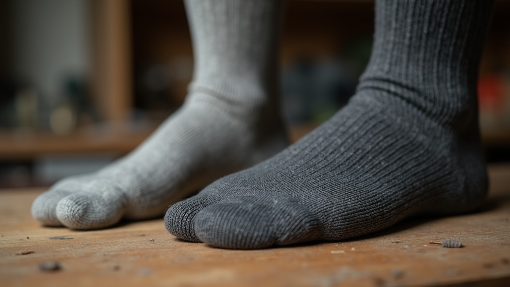 Side-by-side comparison of a thin synthetic work sock and a thick merino wool work sock showing cushion difference