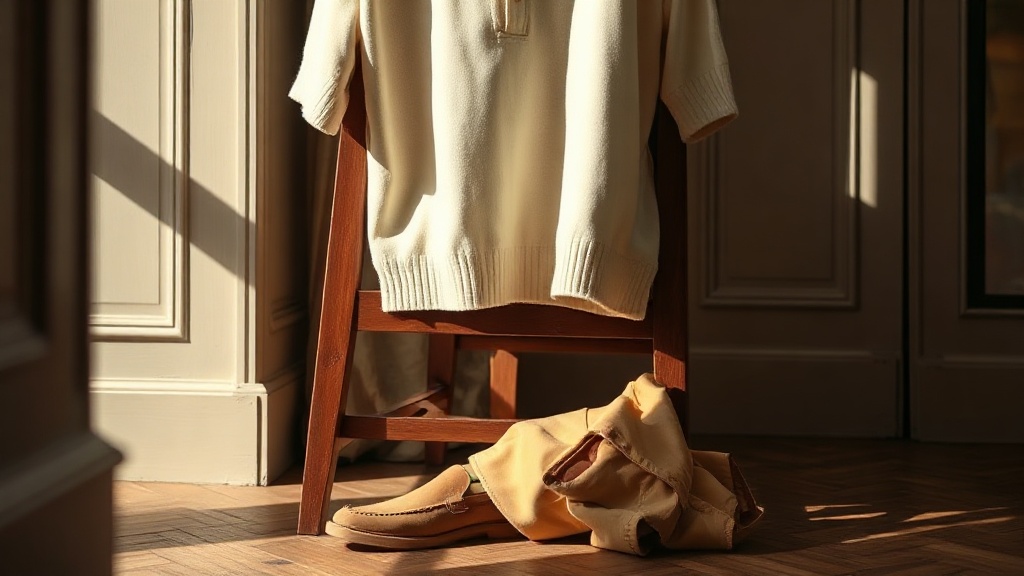 Ivory knit polo shirt with camel trousers and suede loafers arranged in a quiet interior
