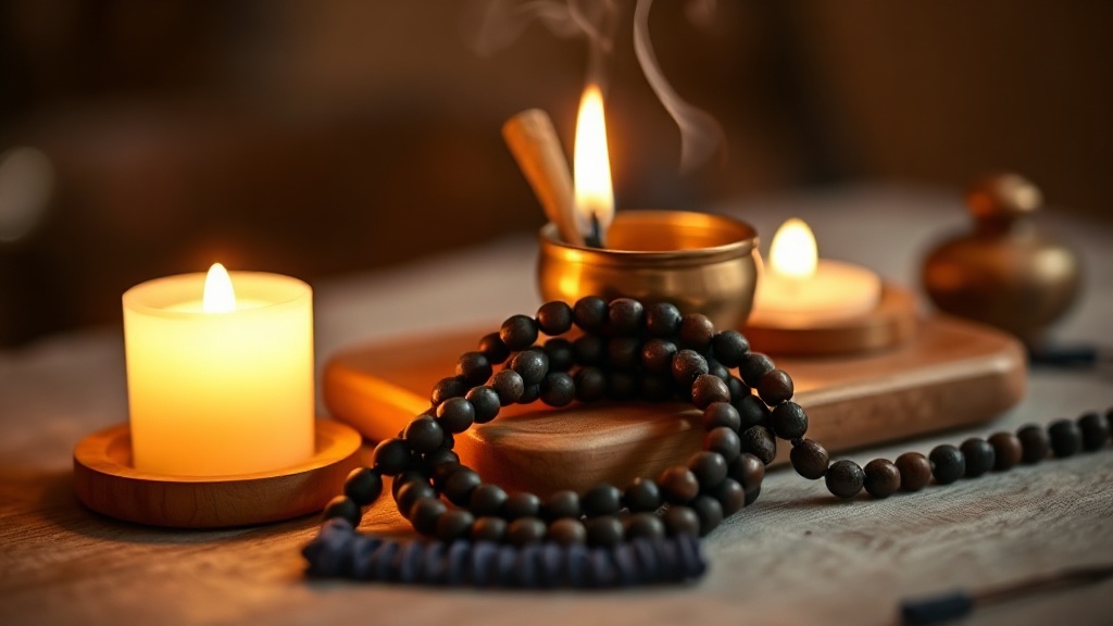 Mala beads on a wooden altar beside incense and a brass singing bowl during a consecration ceremony