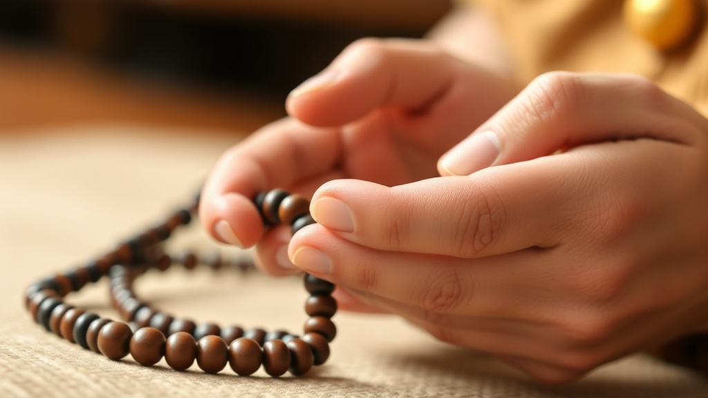 Close-up of fingers counting rudraksha mala beads during mantra recitation as part of a consecration practice