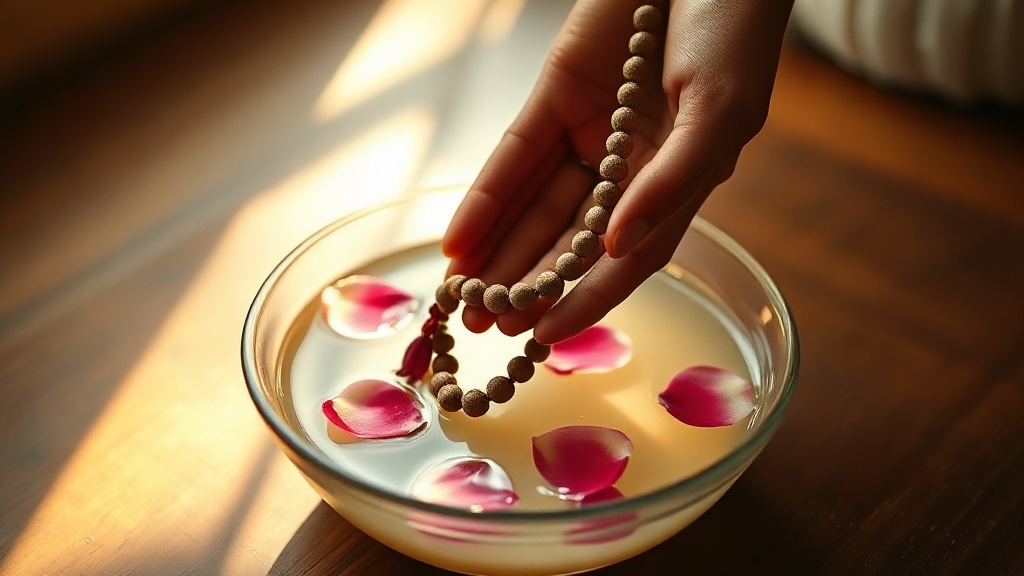 Hands holding sandalwood mala beads above a small bowl of water for ritual cleansing before consecration