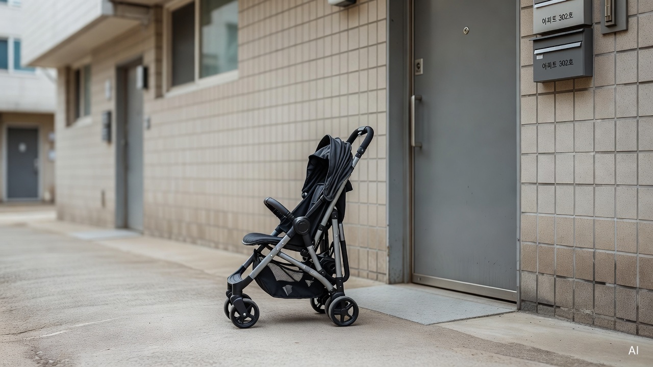 baby stroller folded compactly next to apartment entrance door