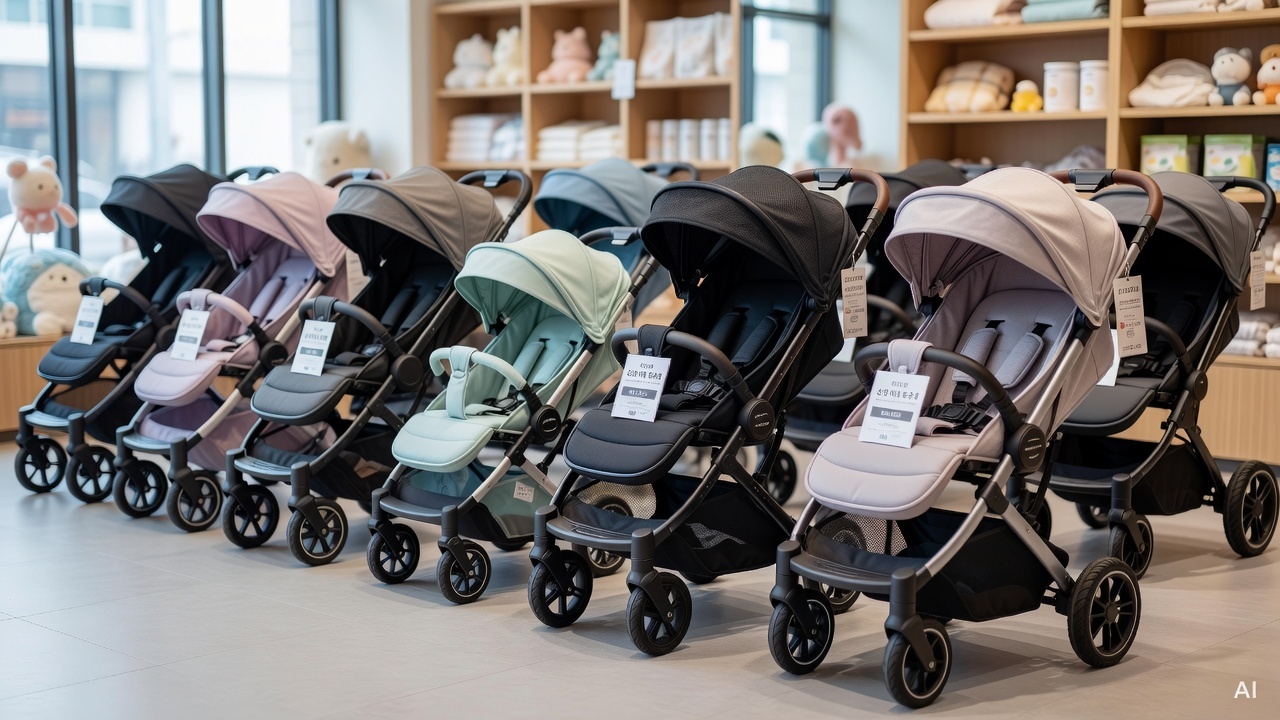 various baby strollers displayed in a Korean baby store