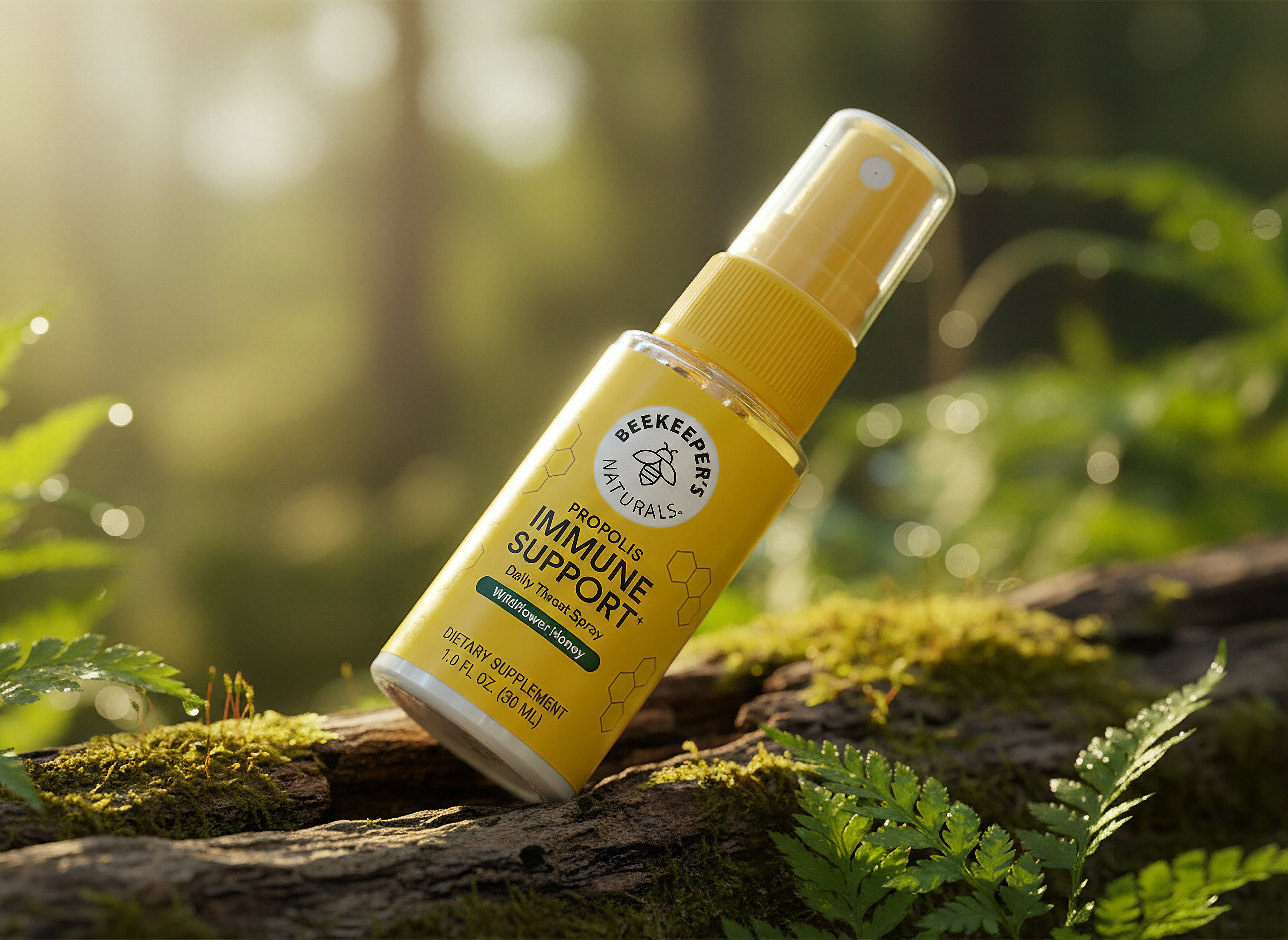Golden propolis throat spray bottle in extreme close-up with shallow focus, showing liquid detail