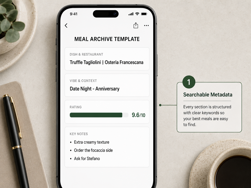 A digital template for a food journal showing fields for dish name, restaurant location, personal rating, and meal context for better tracking.