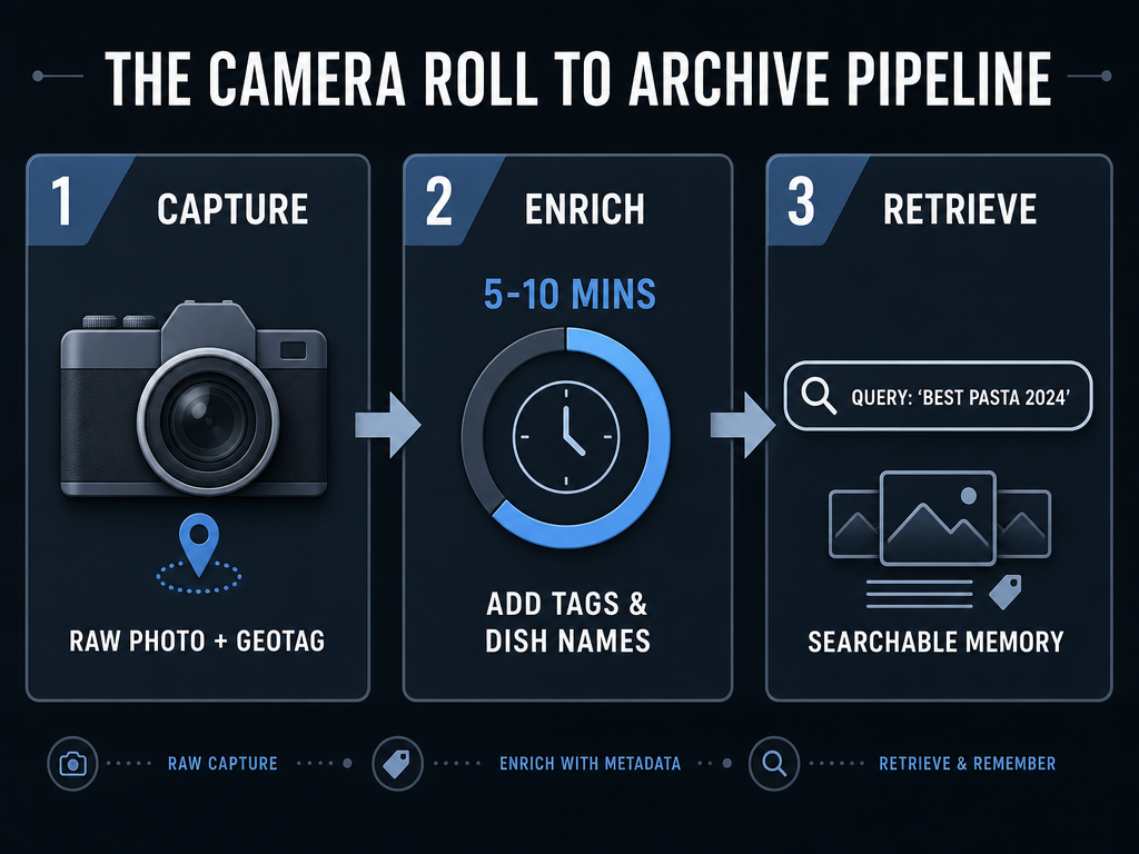 A three-step workflow diagram showing how to move from a raw food photo to a searchable archive using metadata and tagging techniques.