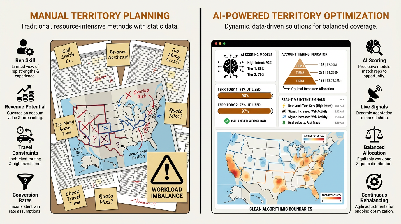 Manual territory planning with spreadsheets vs AI-powered territory optimization dashboard comparison