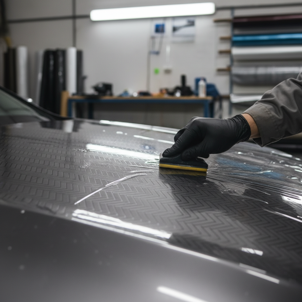 Professional applying vinyl wrap to a car hood with squeegee in a workshop