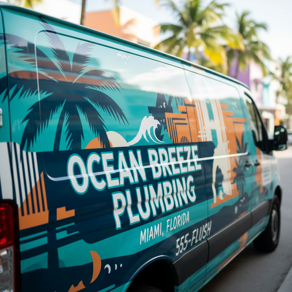 Finished commercial vehicle vinyl wrap with glossy finish under Florida sunlight