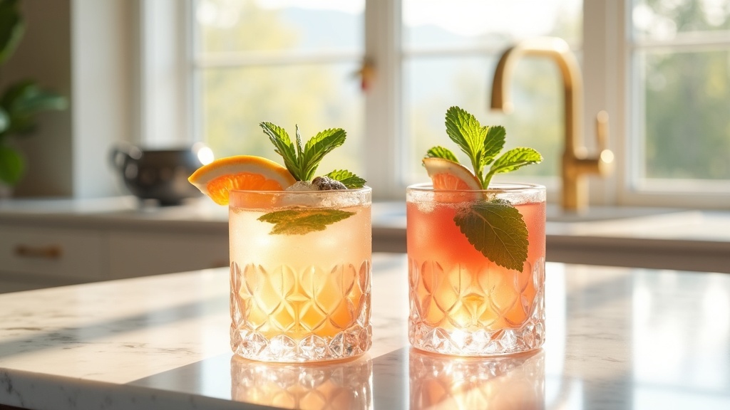 Craft mocktail drinks in glasses on marble countertop, Boise Idaho home kitchen