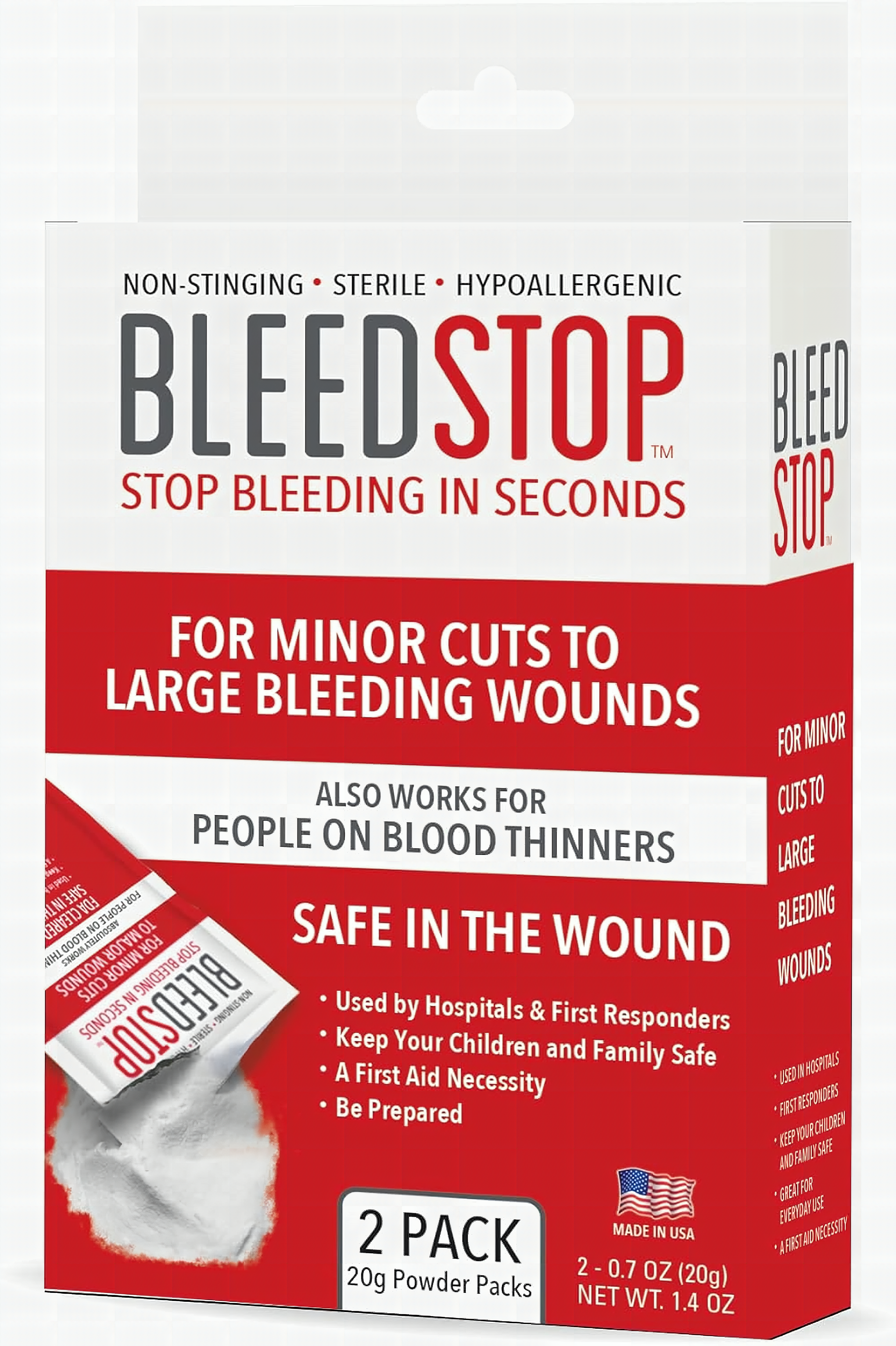 Close-up of BleedStop First Aid Powder pouch showing texture and packaging detail