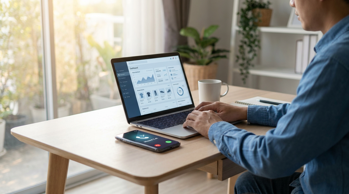 Webshop-ondernemer aan een bureau met een laptop en een telefoon die een gemiste oproep toont