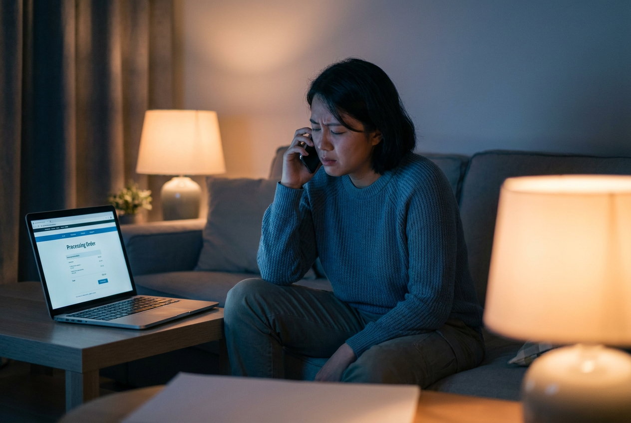 Online shopper thuis met een telefoon aan het oor die wacht in de wachtrij van een webshop