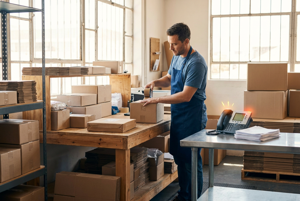 Medewerker in een klein e-commerce magazijn die dozen inpakt terwijl de telefoon onbeantwoord blijft