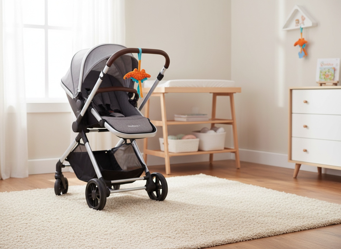 Hahaland car seat toys attached to a stroller in a sunlit nursery with changing table and dresser visible