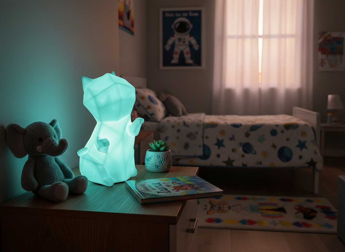Illuminated cat-shaped lamp on a bedroom nightstand glowing cyan, surrounded by toys and books in a cozy kids' room setting