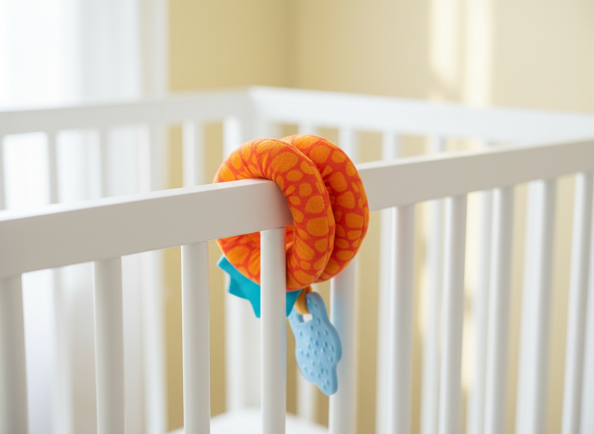 Hahaland spiral toy wrapped around a crib rail, showing fabric detail and stitching in close-up