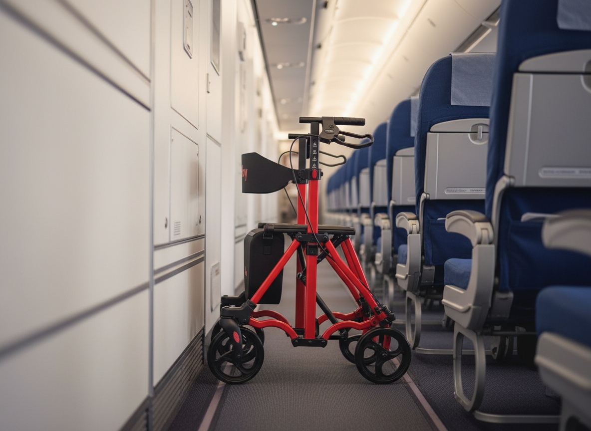 Folded Rolloy rollator positioned under airplane seat in cabin aisle