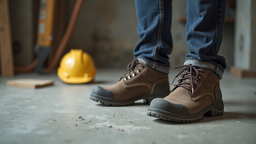Trabajador de construcción con calcetines de compresión visibles sobre botas de trabajo