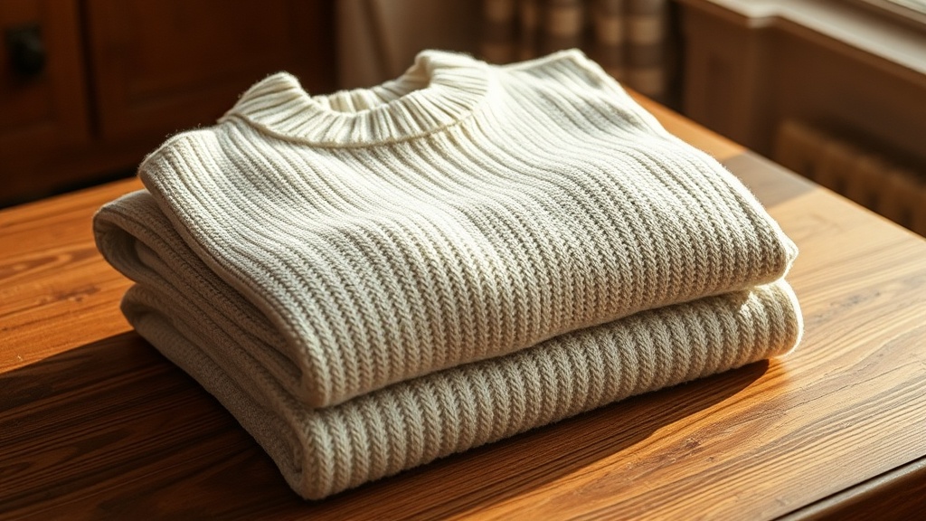 Cream boucle sweater folded over a white band-collar shirt showing layering contrast in texture